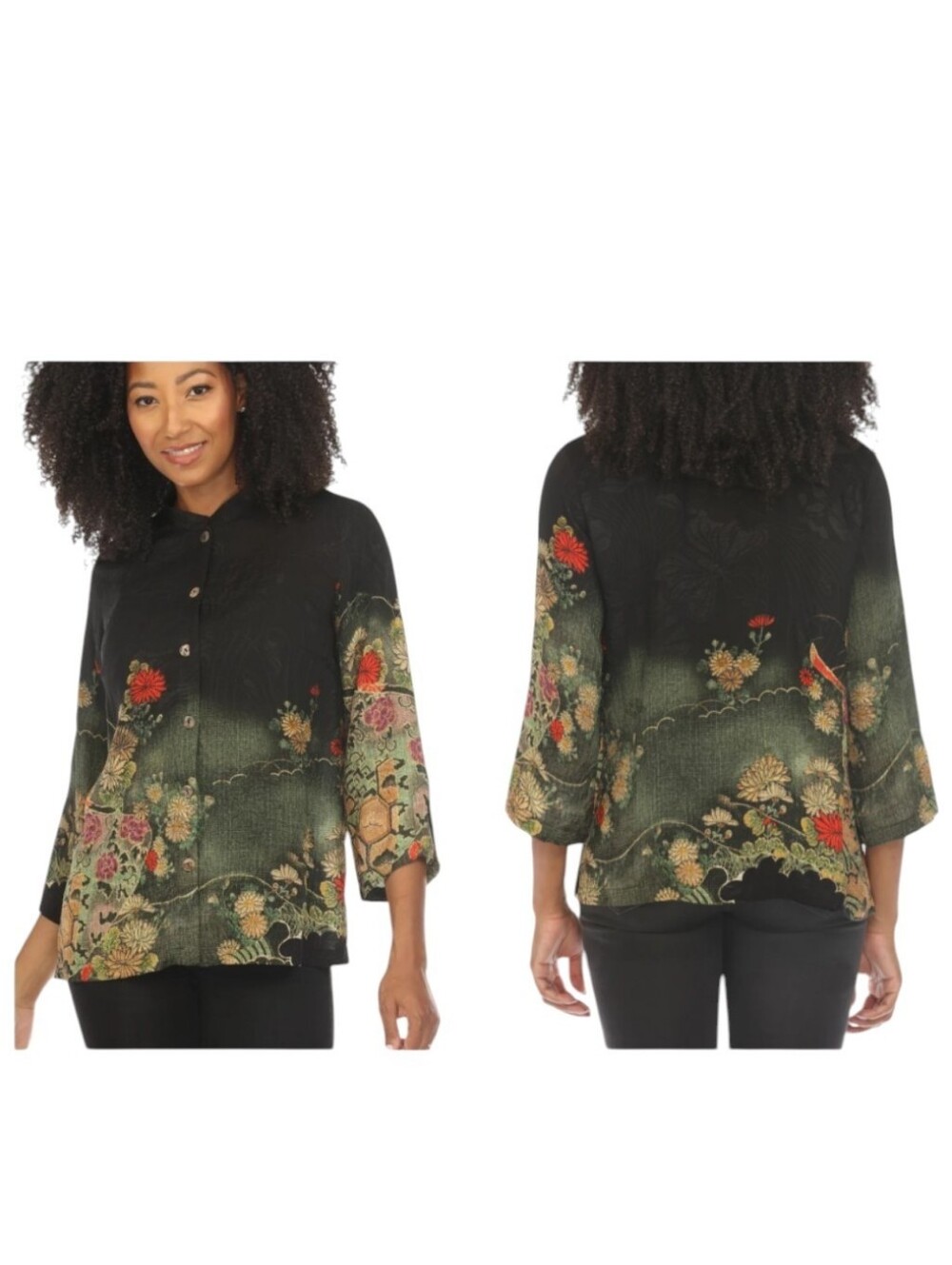 Citron Magic Organic Beauty Black Silk Blouse Floral Buttondown 1/2 Sleeve 1X